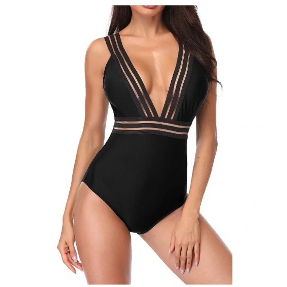 NWT Chic Black Mesh Women's One-Piece Swimsuit - Picture 2 of 7
